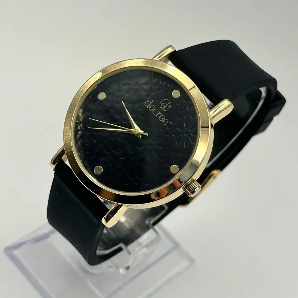 Decree Gold Tone Black Silicon Band Women’s Minimalist Watch  New Battery